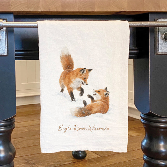 Foxes in Snowfall - Custom Cotton Tea Towel