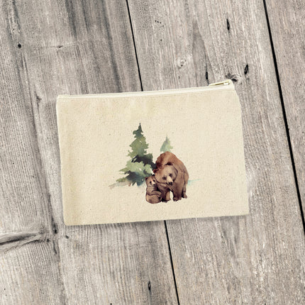 Watercolor Bear Scene - Canvas Zipper Pouch