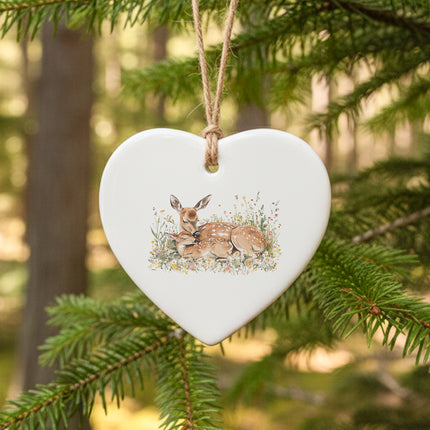 Spring Doe and Fawn - Heart Shaped Ornament