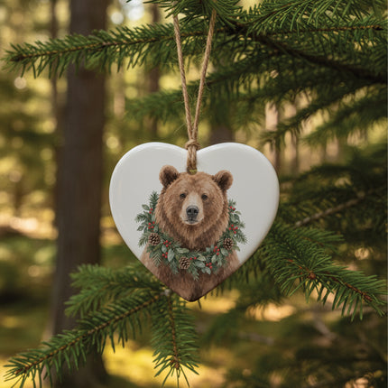 Bear with Holiday Wreath - Heart Shaped Ornament