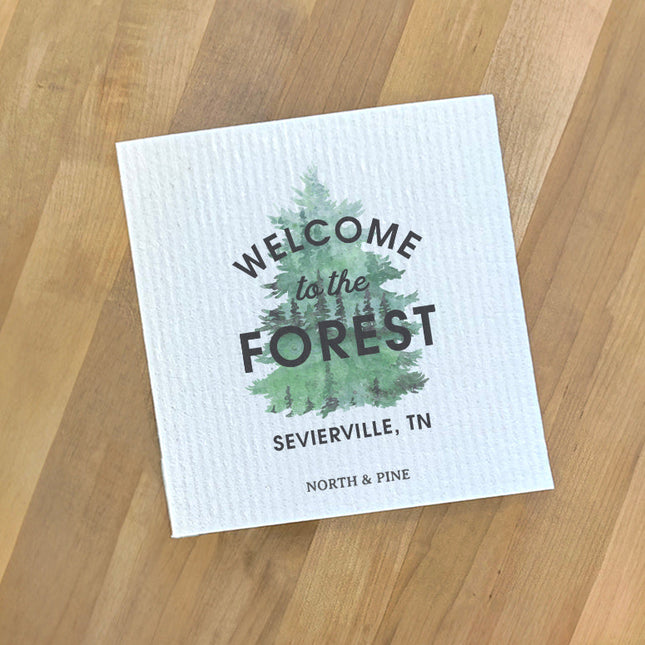 Welcome to the Forest w/ City, State - Custom Swedish Dish Cloth