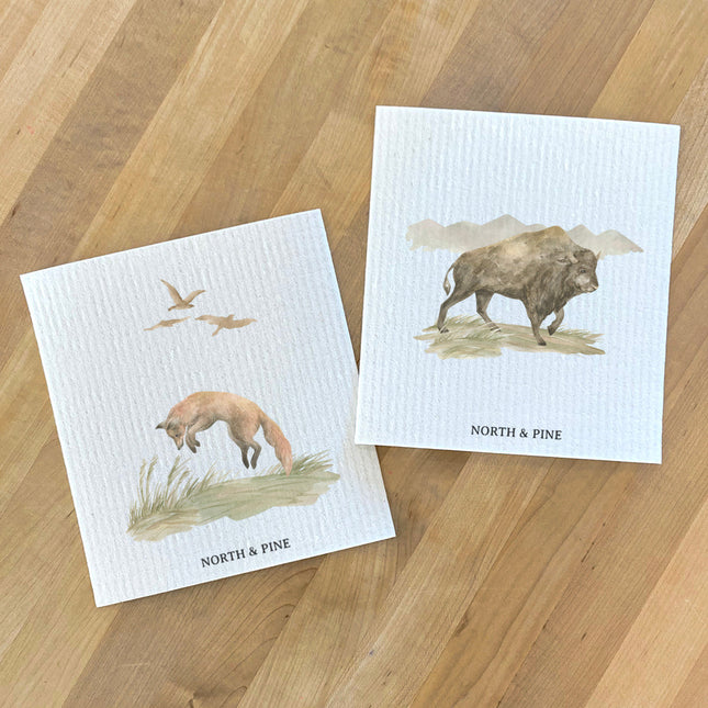 Watercolor Fox, Bison Scene - 2pk Swedish Dish Cloth