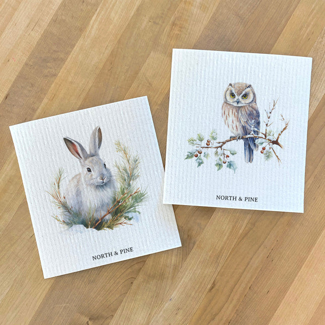 Winter Owl, Rabbit - 2pk Swedish Dish Cloth