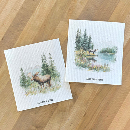 Moose Lake & Moose Scene - 2pk Swedish Dish Cloth