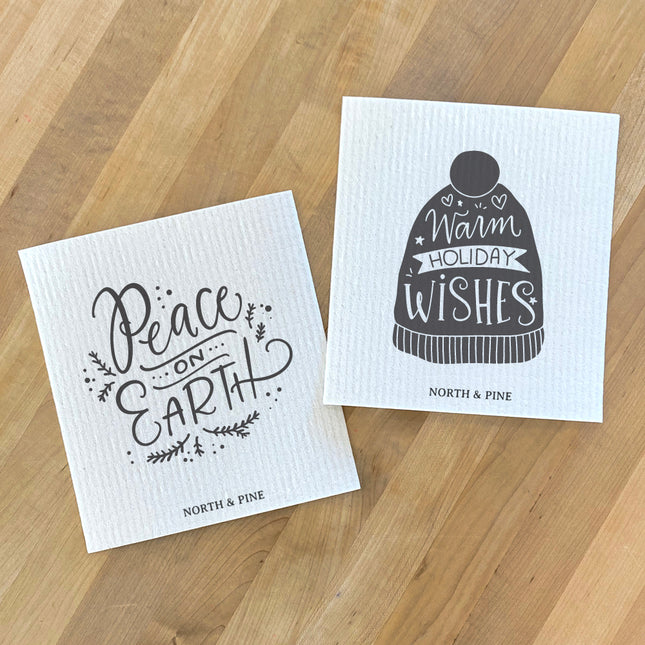 Peace on Earth, Warm Holiday Wishes - 2pk Swedish Dish Cloth