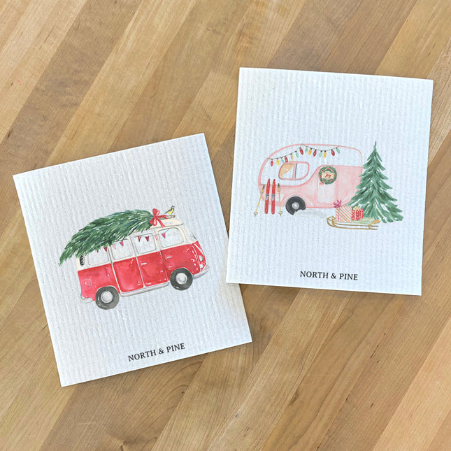 Christmas Camper, Vintage Van - 2pk Swedish Dish Cloth