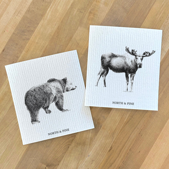 Bear Sketch, Moose Sketch - 2pk Swedish Dish Cloth