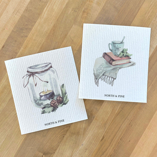 Winter Lantern, Cozy Book - 2pk Swedish Dish Cloth