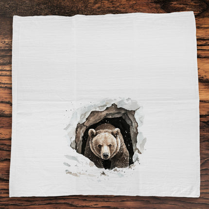Winter Bear in Snowy Den - Cotton Tea Towel