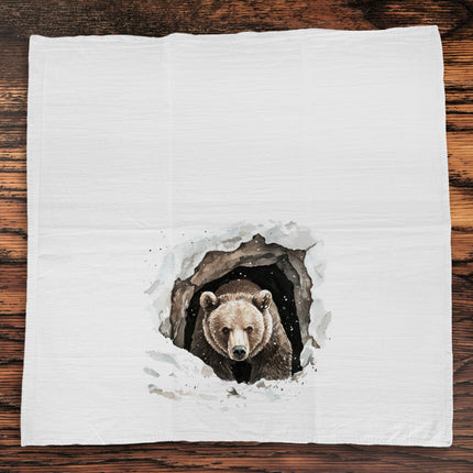 Winter Bear in Snowy Den - Cotton Tea Towel