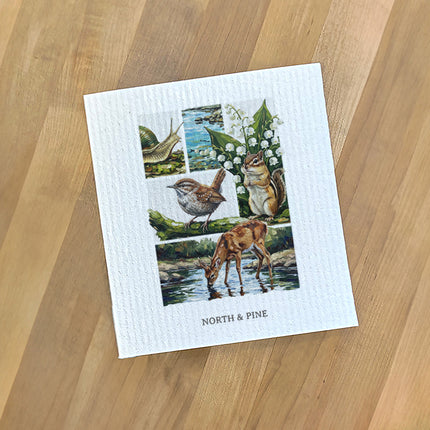 Spring Wildlife Collage - Oil Paint - Swedish Dish Cloth