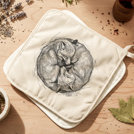 Snuggling Foxes Pencil Illustration - Cotton Pot Holder