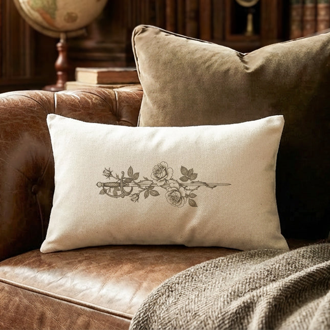Roses & Rapier Pencil Illustration - Rectangular Canvas Pillow
