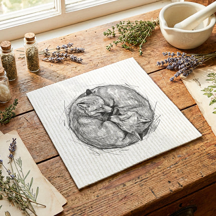 Snuggling Foxes Pencil Illustration - Swedish Dish Cloth