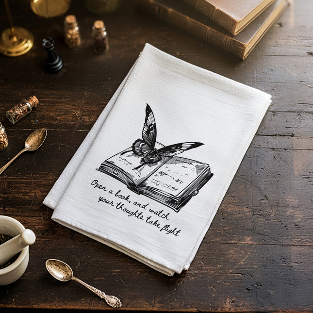 Open A Book & Watch Your Thoughts Take Flight - Cotton Tea Towel