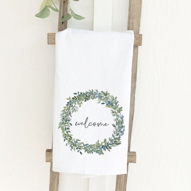 Welcome Boxwood Wreath - Cotton Tea Towel